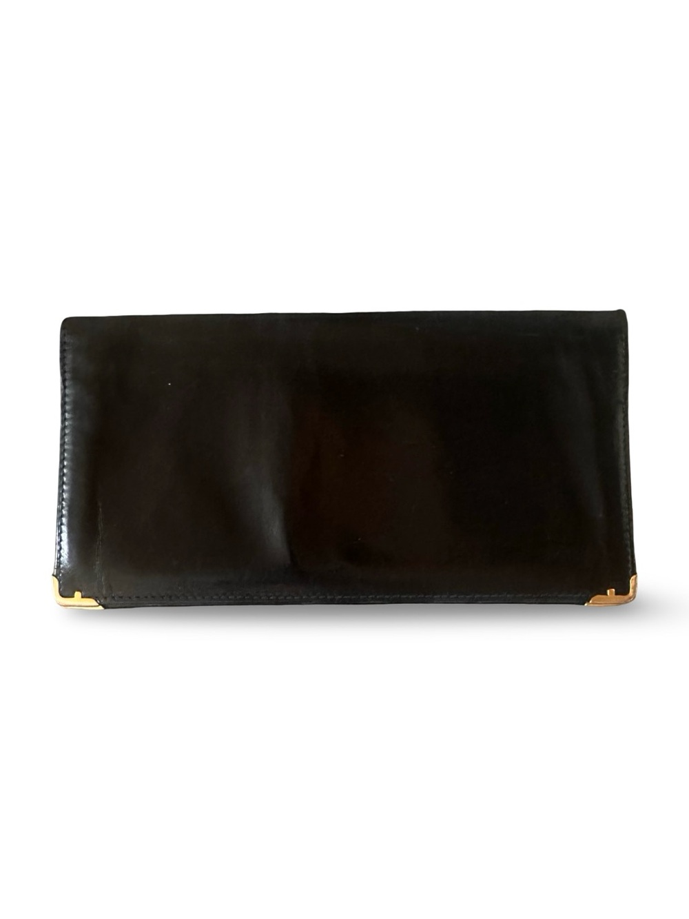 Salvatore Ferragamo Black Leather Clutch Wallet with Gold Corner Accents